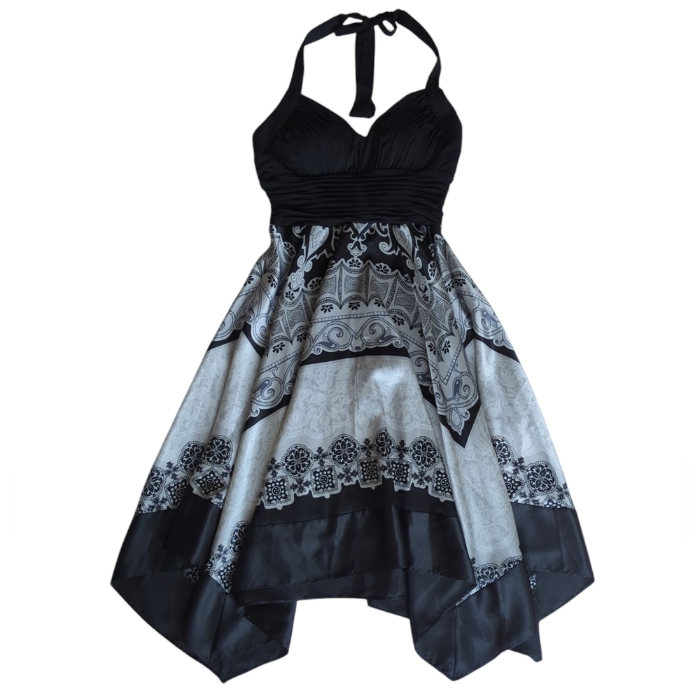 Signature by Sangria Floral Handkerchief Cocktail Halter Dress 10 Black Gray